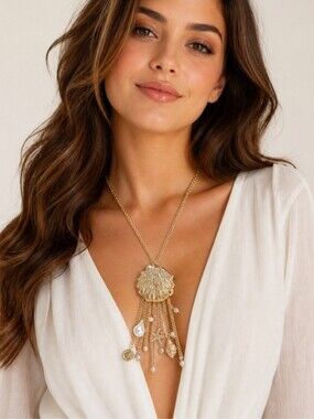 I.N.C Gold Shell Statement Necklace Pavé Crystal faux Pearl 31” Coastal Glam NWT